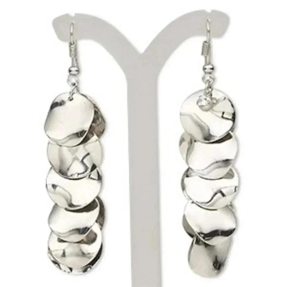 Silver Plated Steel Wavy Round Charms and Clear Rhinestone Dangle Earrings - Picture 1 of 1